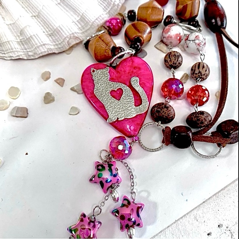 Pink & Brown Bohemian Cat Love Long Beaded Adjustable Necklace